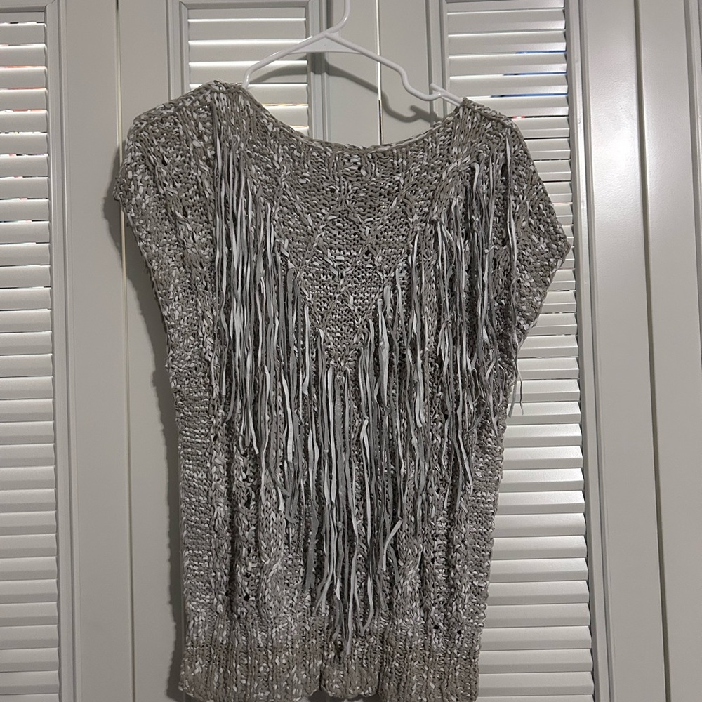 Genuine leather Fringe Knit Top - Gray